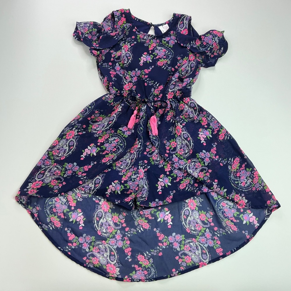 Japna Kids Navy Blue Floral Paisley Romper Dress Girls Size 7 High Low Boho